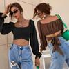 Spring and summer European and American sexy temperament straps slim square collar ultra-short long-sleeved women's shirt top women