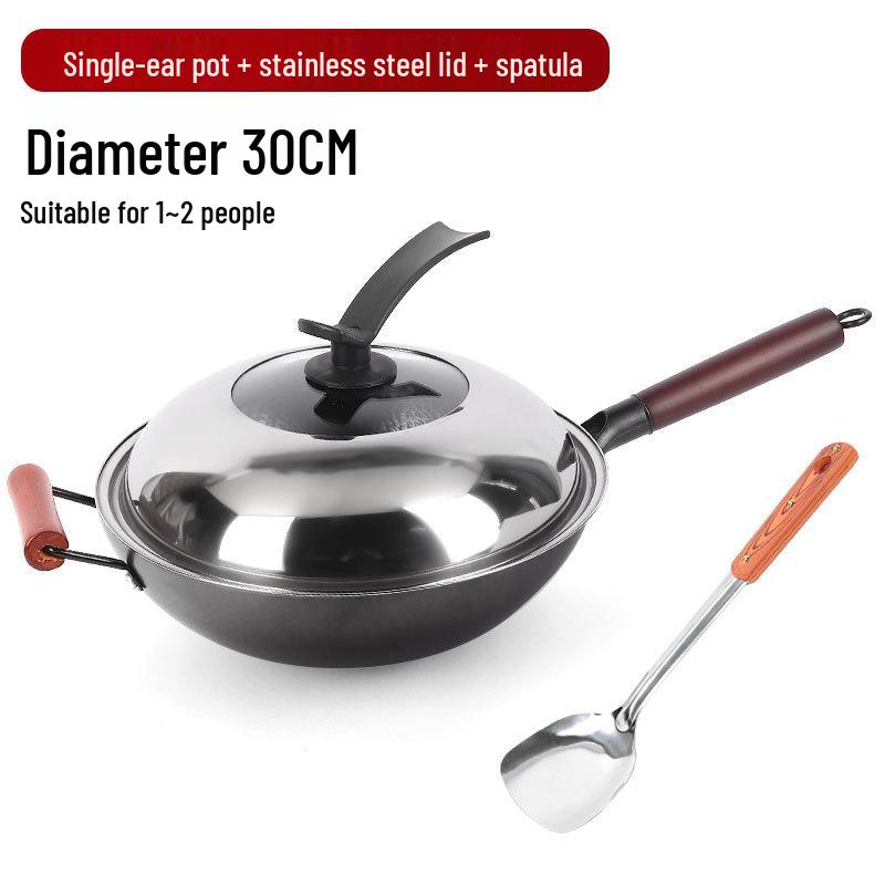 Uncoated Hand-Hammered Forged Iron Wok with Non-Stick Surface and Stir-Fry Spatula for Open Flame Household Cooking