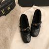 Soft Leather French Camellia Velvet Mary Jane Shoes Women's Height Increase In Autumn and Winter
