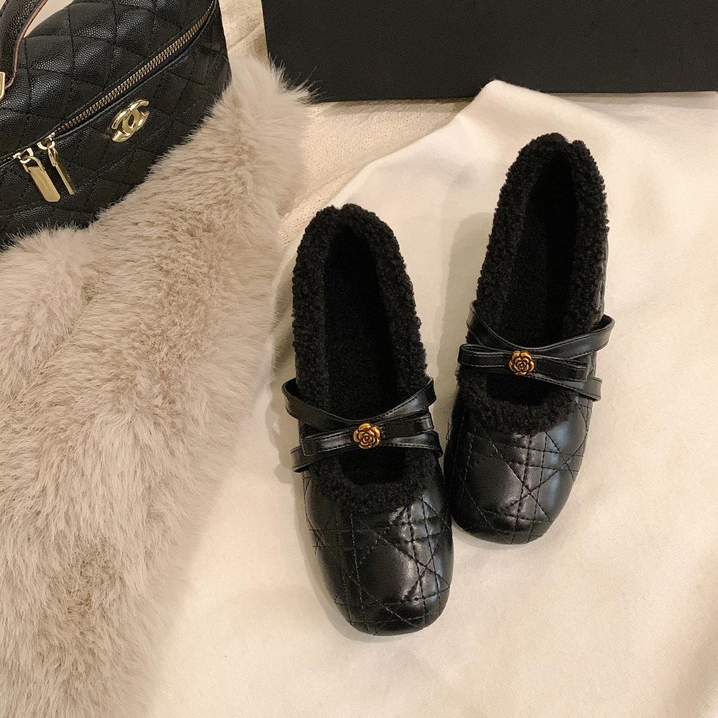 Soft Leather French Camellia Velvet Mary Jane Shoes Women's Height Increase In Autumn and Winter
