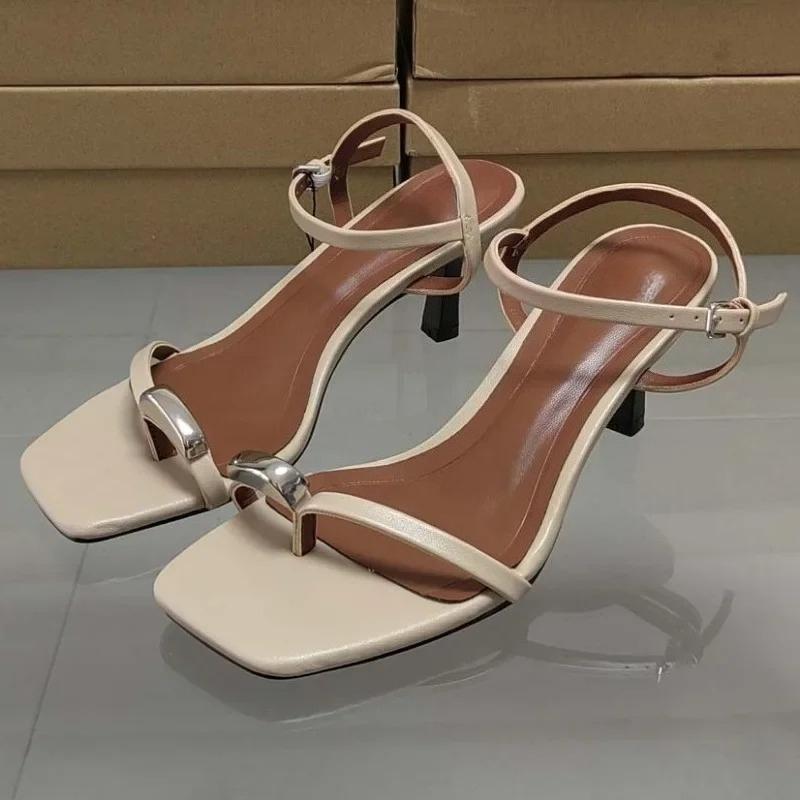 Fashion 2025 Summer Women High Heel Sandals Metal Decoration Elegant Clip Toe Stilettos Big Size Luxury Brand Ankle Strap Ladies Shoes