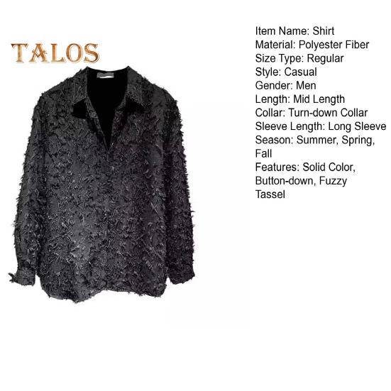 Men Shirt Long Sleeve Solid Color Fuzzy Tassel Button-down Cardigan Mid Length Regular Fit Streetwear Club Shirt for Daily Wear Parties Travel