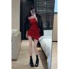 Red Christmas Day Dress Spice Girl Wear Sexy One-Word Shoulder Tube Top Hanging Neck Hip Wrap Korean Version Dress