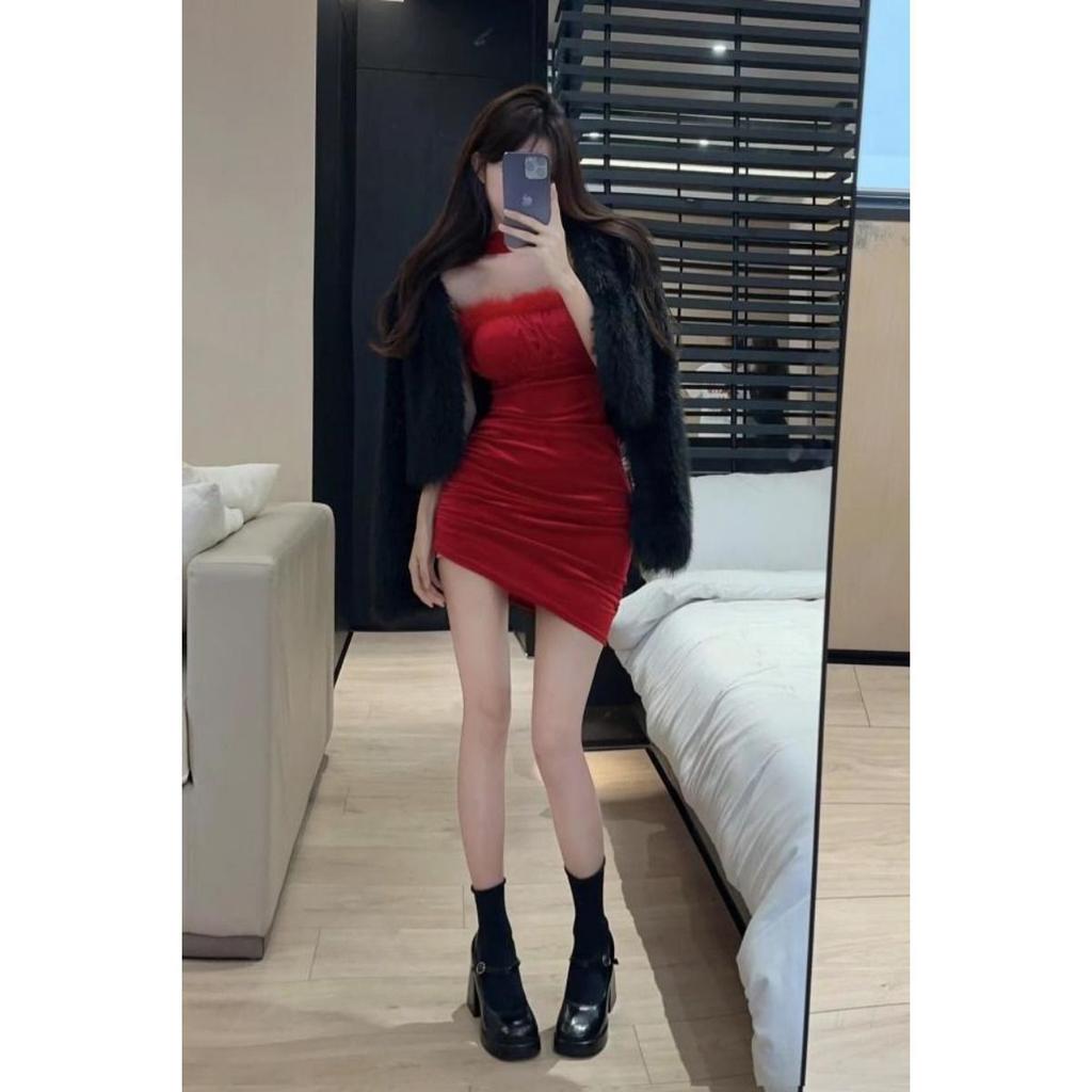 Red Christmas Day Dress Spice Girl Wear Sexy One-Word Shoulder Tube Top Hanging Neck Hip Wrap Korean Version Dress