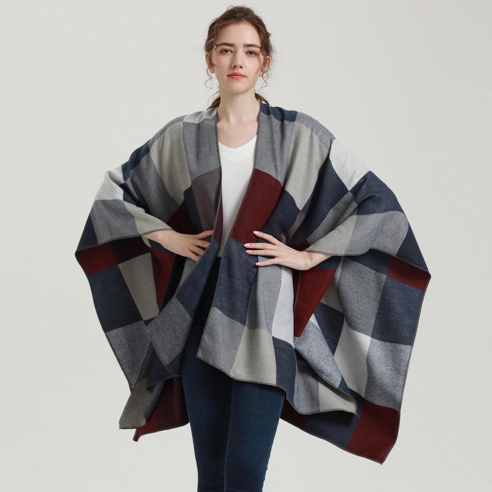 Autumn & Winter Women's Double-Sided Plaid Shawl Scarf - Imitation Cashmere, Multifunctional with Slit Design.