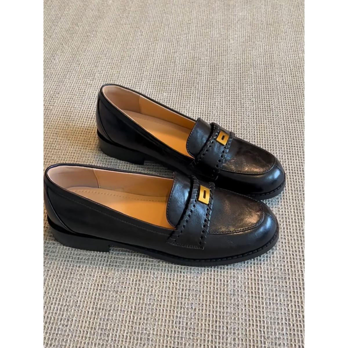

Cowhide version~ British style retro loafers metal buckle one pedal round head small leather shoes women s versatile low-heeled single shoes 34
