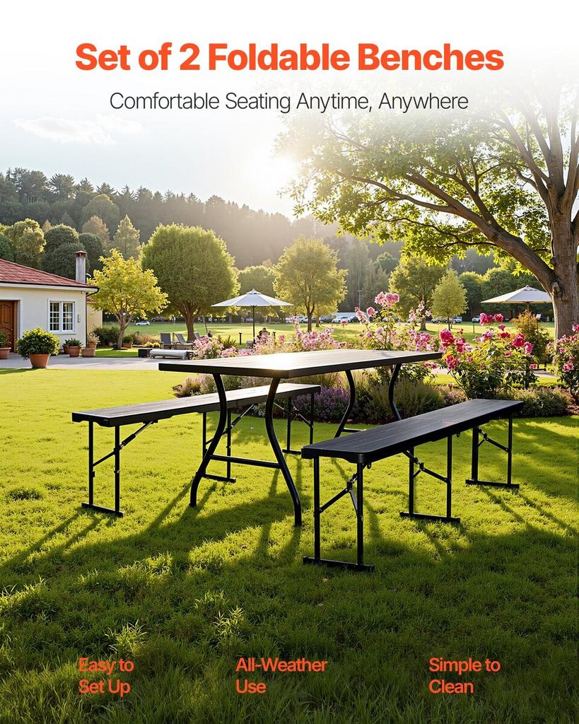 Plastic Folding Bench, 6 ft Portable Bench for Outdoor Picnic Party Camping Dining, Foldable Smooth HDPE Seat for Garden Soccer Multipurpose