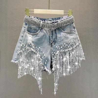 Pantaloni scurți din denim cu talie înaltă de vară de damă Blugi rupti cu franjuri cu paiete