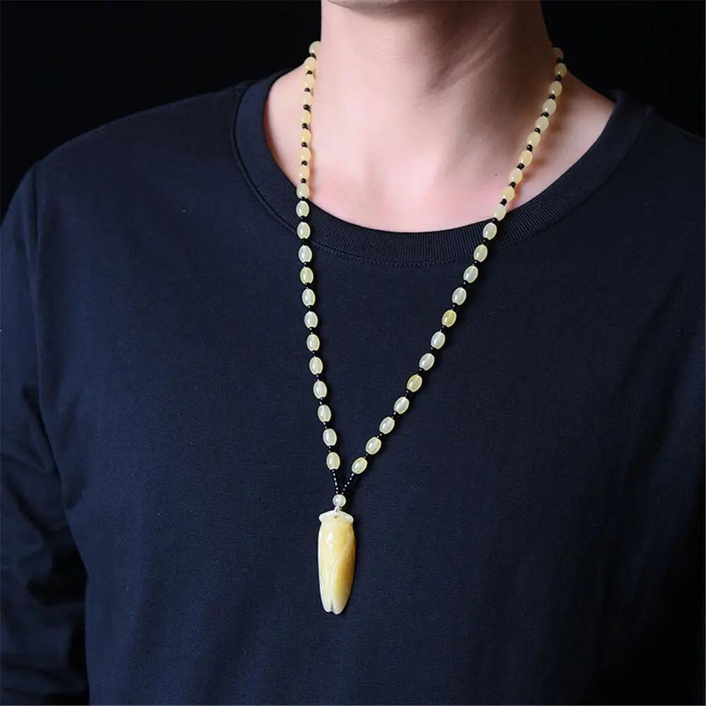 Mode Jade Zikade Geschnitzt Amulett Glücksbringer Anhänger Perlen Halskette Modeschmuck