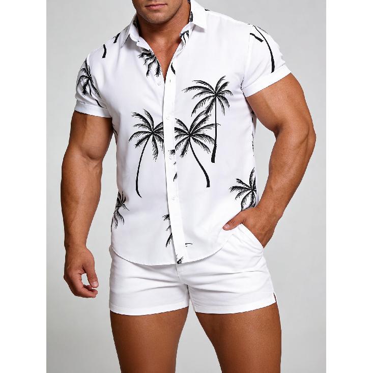 

2026 New Hawaiian Print Short Sleeve Shirt for Men Beach Casual Summer Shirt M белый