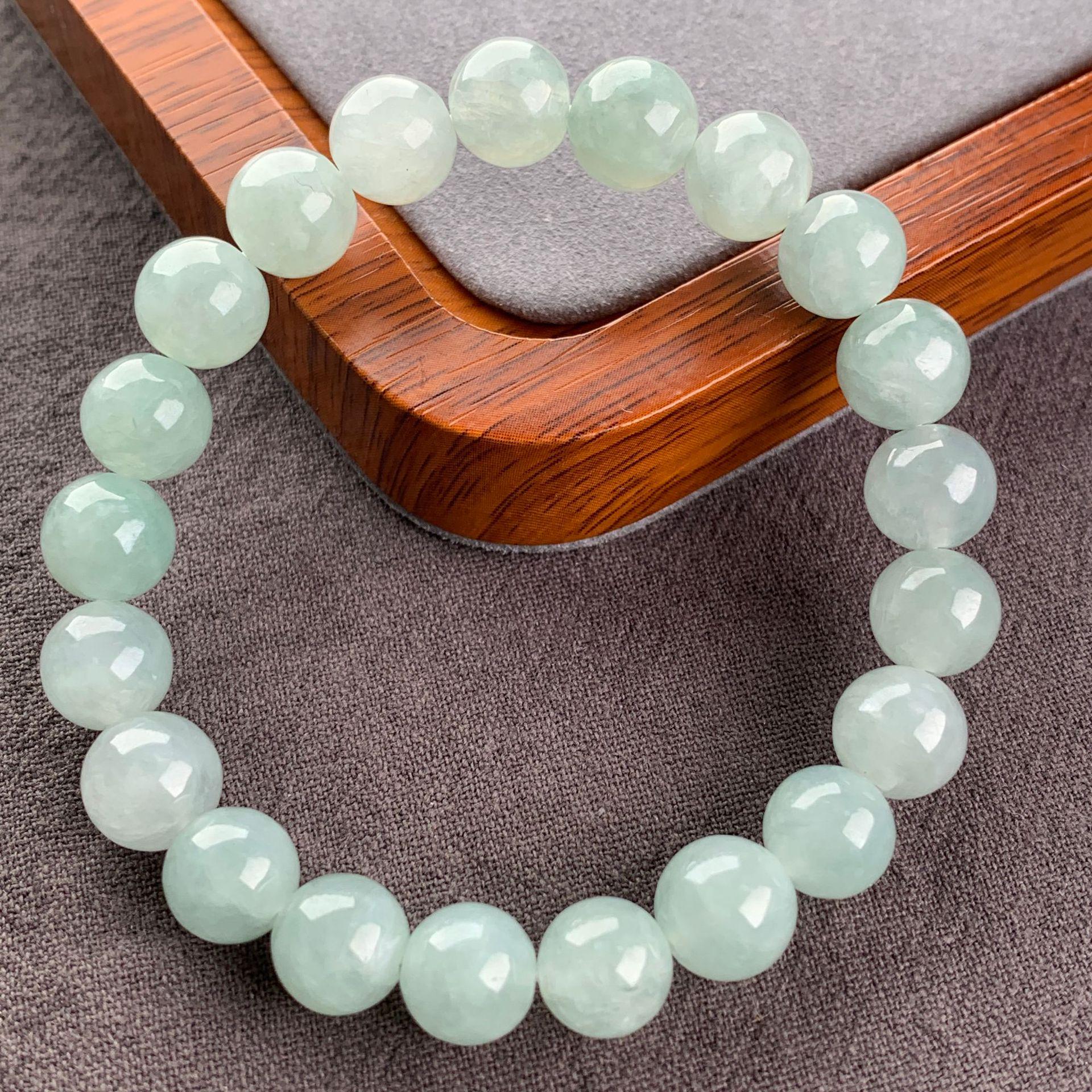 A-grade Bright Green Myanmar Jade Bead Bracelet with White Ice Beads, 6-9mm, Authenticity Guaranteed.