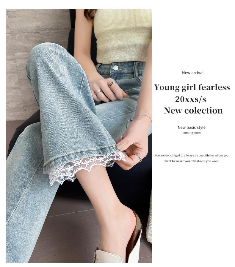 Dames Kant Patchwork Flare Jeans, Slim Fit Elastische Cropped Broek voor Lente/Herfst - Acht-Punten Show Dun Model voor Kleinere Figuren.