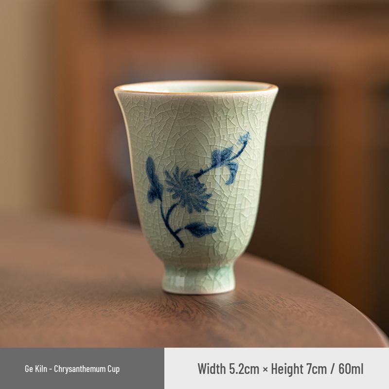 Ge Kiln Crackled Teacup Gift Set – Ice Crack Design with Plum, Orchid, Bamboo, Chrysanthemum Motifs.
