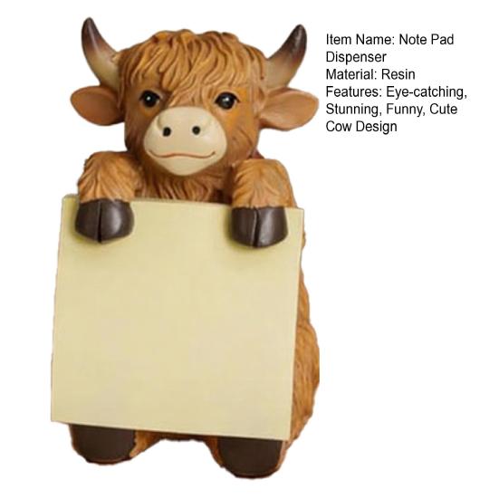 Highland Cow Pop-up Note Pad Dispenser Cute Resin Cow Memo Pads Note Holder for Home Office Desk Accessories
