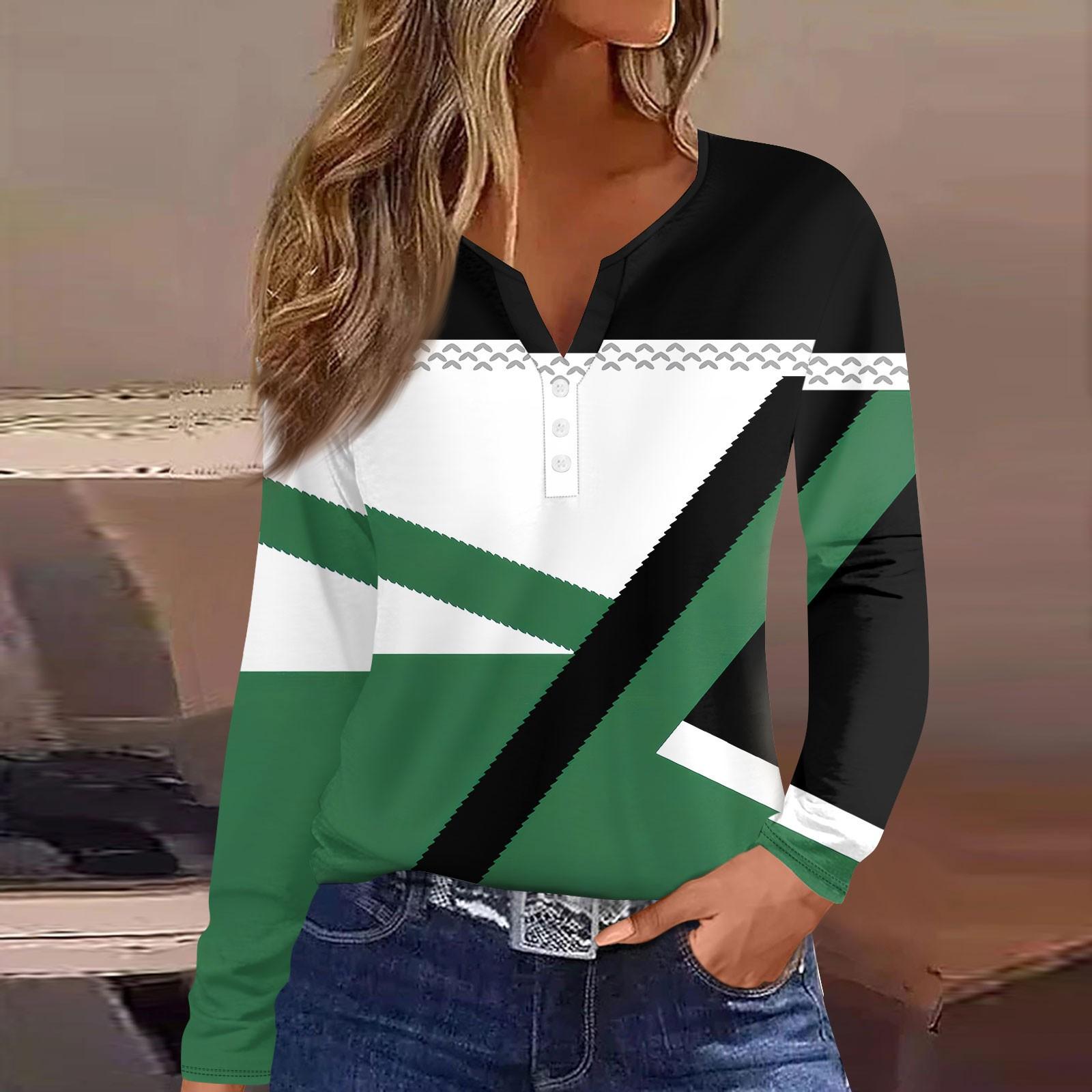

Женская модная повседневная футболка с V-образным вырезом и полосатым принтом, с длинным рукавом и декоративными пуговицами XL зелёный