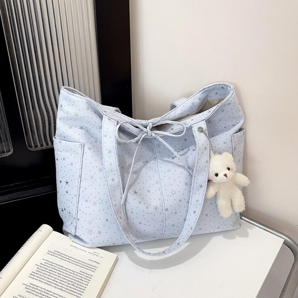 New Canvas Material Tote Bag Large Capacity Korean Style Shoulder Handbag Star Rhinestone Shopping Tote Bag Commute