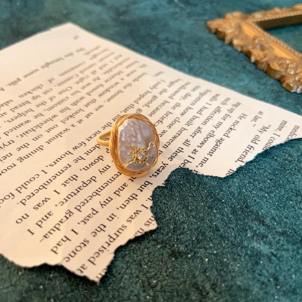 Baroque Irregular Freshwater Pearl Open Ring French Vintage Premium Index Finger Ring Light Luxury Ring Jewelry