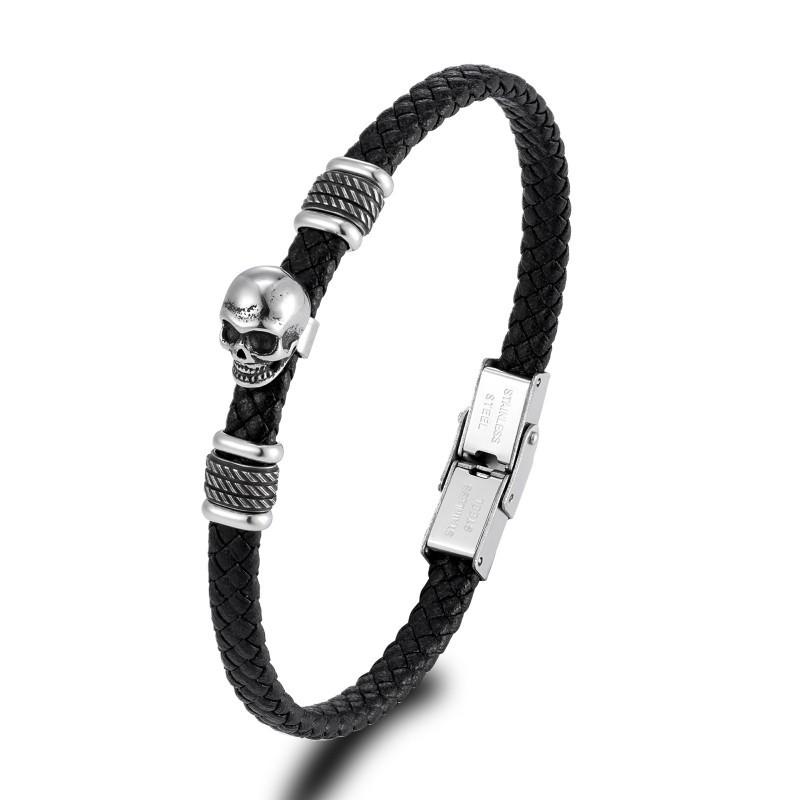 

Trendy Cool Black Leather Rope Skull Bracelet Woven Texture Stainless Steel Ins Personalized Versatile Niche Accessories