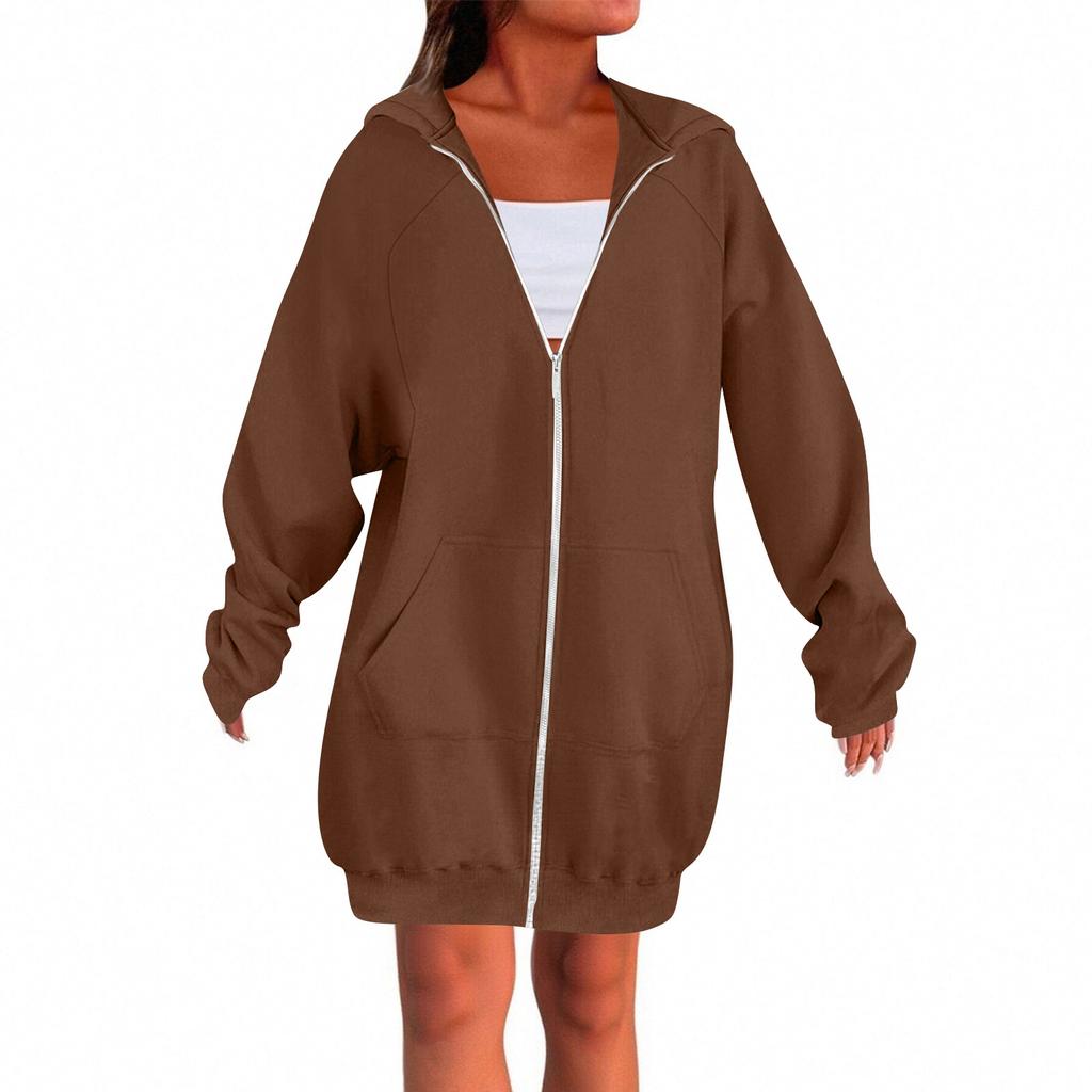 Women's Solid Color Zippered Sweatshirt Top Daily Casual Raglan Long Jacket (Without Hood Drawstring)