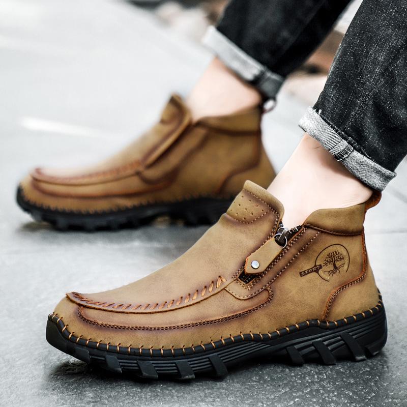 Spot autumn and winter large size hand-stitched microfiber Martin boots casual cotton medium top men's shoes