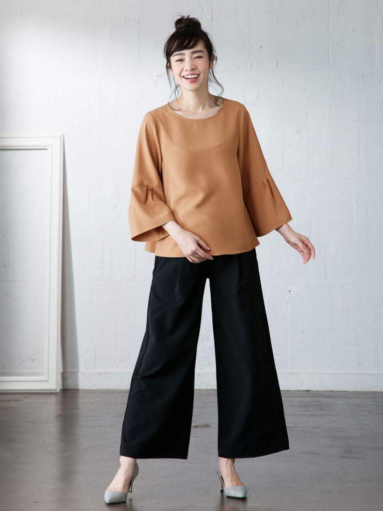 ANGELIEBE Maternity with Nursing Mouth Tuck Flare Sleeve Blouse Nursing Clothes Prenatal and Postnatal Beige 22551 22551301 S-M