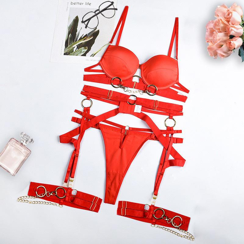 Toucheart Sexy Lingerie Suit for Women Sexy Fashionable Metal Chain Complex Craftsmanship Front Button Sex Hollow Out Underwear
