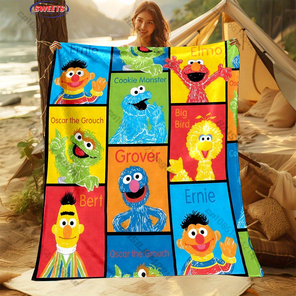 6 Sizes S-Sesame S-Street Pattern Printed Blanket, Cozy Warm Blanket for Sofa, Bed, Camping, Holiday Gift for Family and Friends