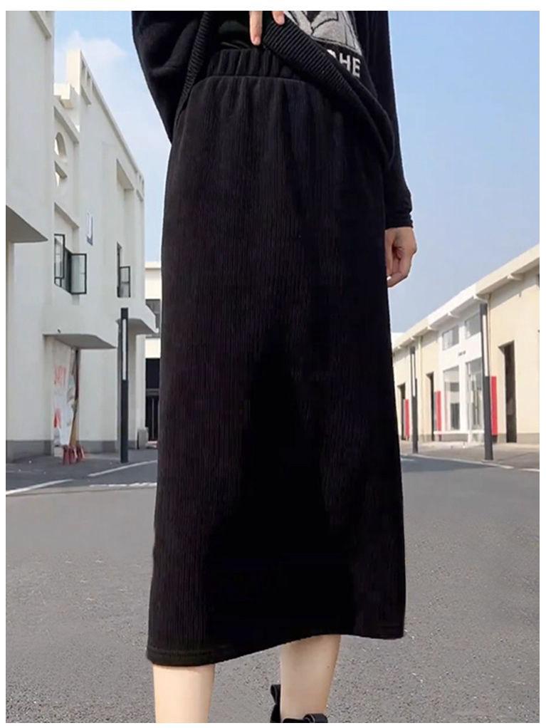 Black Corduroy A-line Skirt for Women - 2025 Autumn/Winter, Plus Velvet & Thick for Extra Warmth