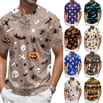 Heren Halloween Korte Mouw Henley Shirt Pompoen en Vleermuis Print Casual Lichtgewicht Ademend Top voor Seizoensgebonden Kleding