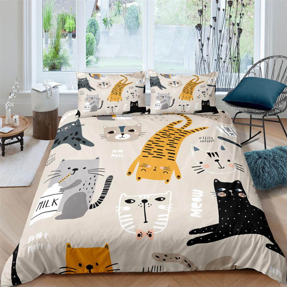 Cartoon Cat Duvet Cover Spaceship Outer Space Pet Animal Golden Line Cover for Kid Boys Girls Youth Gifts for Bedroom Decoration