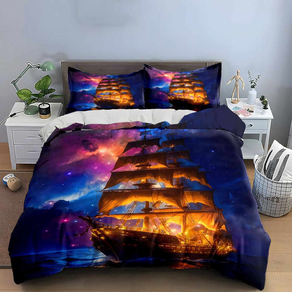 Ship Canvas Artwork Set Soft Comfortable Duvet Cover Bedding Set Included 1*Duvet Cover & 2*Pillowcases, Gift