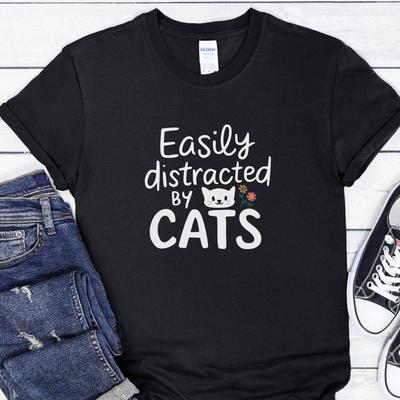 Easily Distracted By Cats T-and Kids Tshirt, Funny Cat and Kids Tshirt, Cat Lover Gift, Cat Slogan and Kids Tshirt, Pet Lover Tee