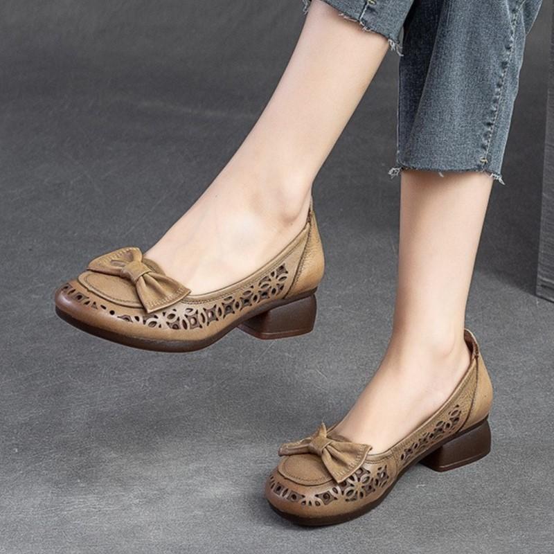 Johnature Sandale retro din piele naturală cu toc gros, cu vârf rotund, cu scobire, pantofi confortabili