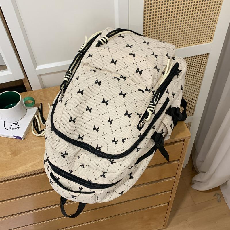 Bow Print Corduroy Backpack Casual Fashion Daily Bag Large Capacity School Bag for Students Minimalist Design Commute Travel with Tassel Accents