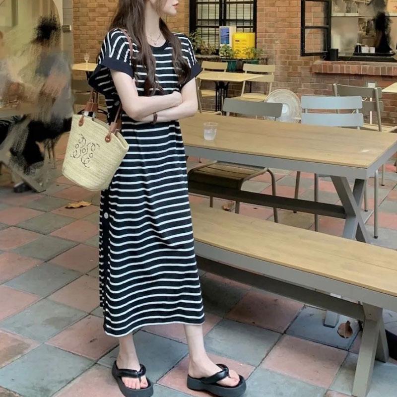Casual Button Split Striped Dresses Female Clothing Loose Korean Patchwork Short Sleeve Summer O-Neck Basic Straight Midi Dress