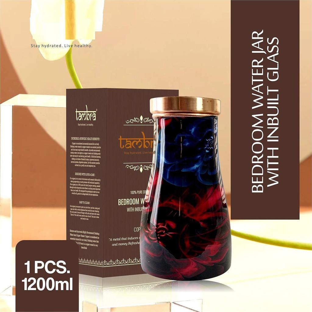 Copper Bedroom Jar with Inbuilt Glass | Red & Blue Design | Handcrafted, Leakproof, Jointless | Ayurvedic Benefits, Antioxidant Properties | 1200 ml
