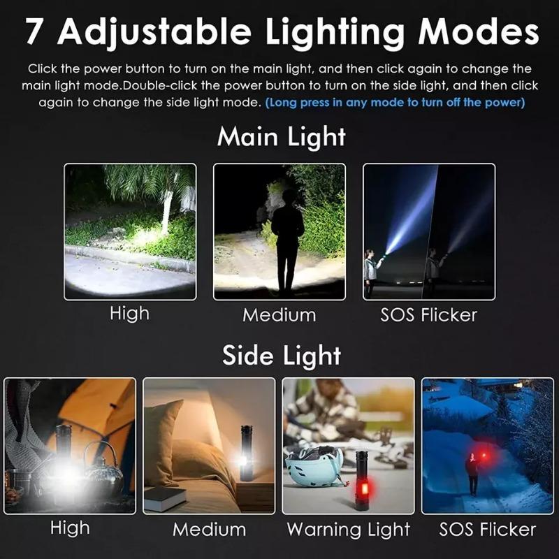 Multiple Lighting Modes XHP70 XHP90 COB Aluminum Rechargeable Zoom Multifunctional Flashlight Tactical Self-defense Flashlight