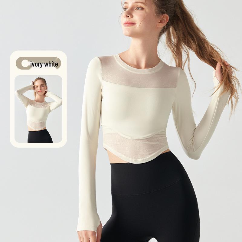 

Women s Breathable Long Sleeve Jacquard Patchwork Top with Built-in Cups for Slimming Pilates Fitness XL білий/слонова кістка