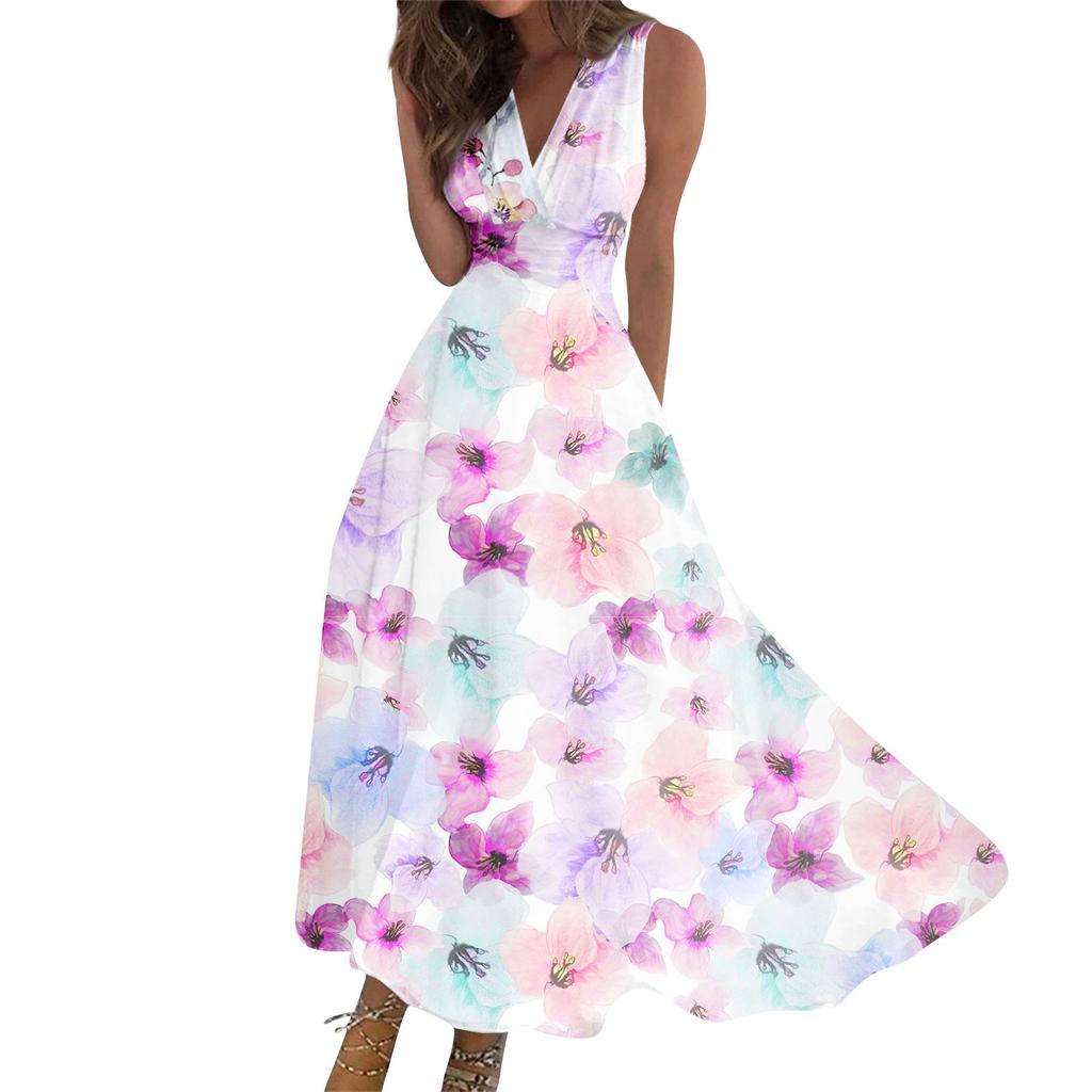 Langes Kleid für Damen, Maxikleid, Freizeitkleid, Sommer, lässig, ärmellos, V-Ausschnitt, Boho-Taille, Rückzug, bedrucktes Kleid