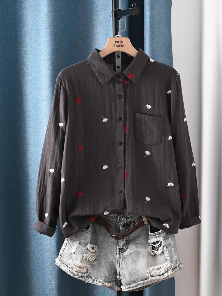 Double-Layer Gauze Floral Embroidered Long-Sleeve Autumn Shirt for Women