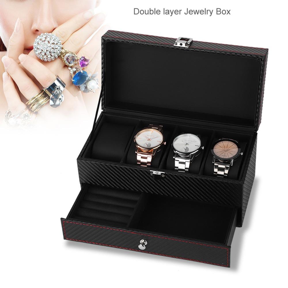 Svart kolfiber PU Smyckesförvaringsfodral 22,2 * 11 * 11,2 cm Klockbox Snygg Armbandsbox För Kvinnor