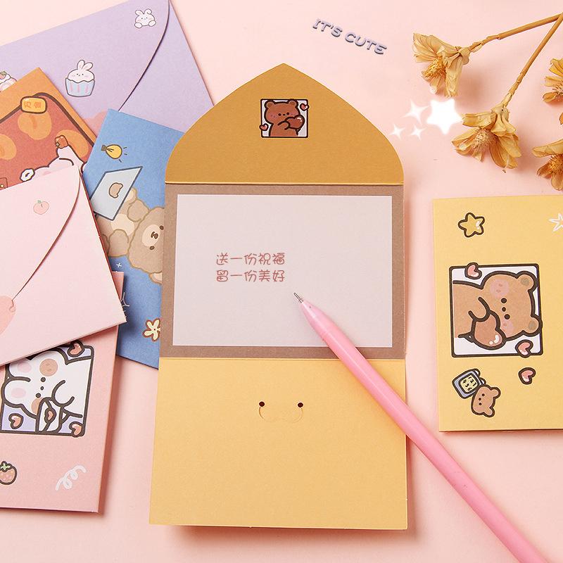10PCS Cute Cartoon Gift Card Folded Envelope Greeting Card Holiday Wishes Thank You Gift Message Confession
