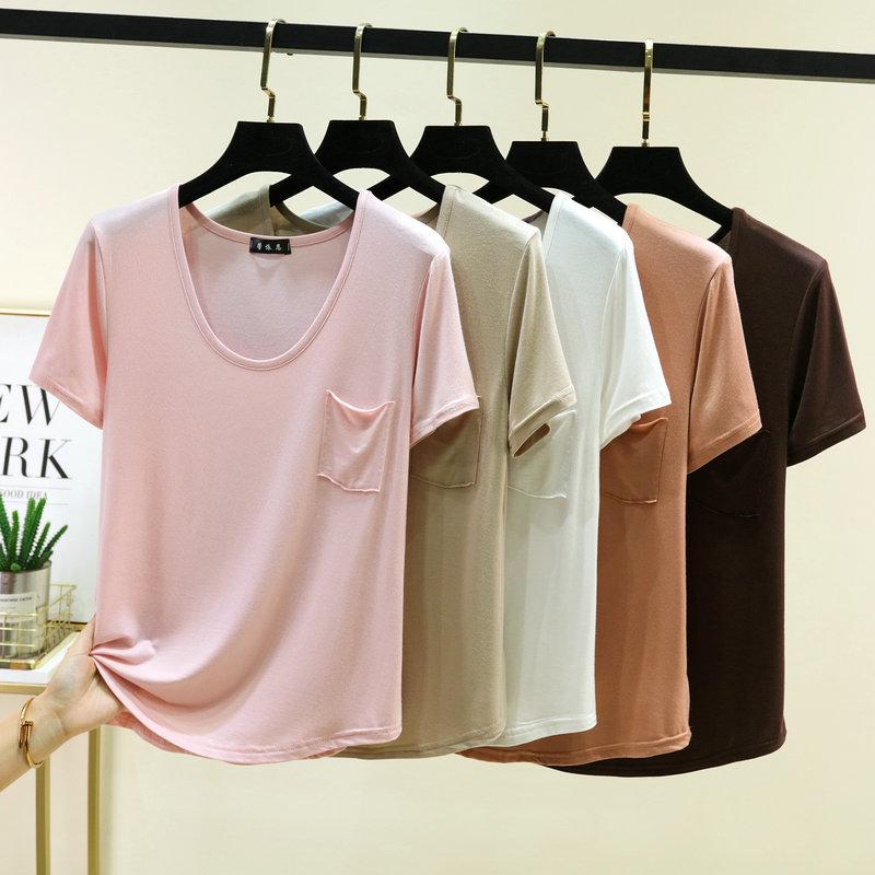 Women's U Neck T-Shirt 2026 Summer Modal Basic Short Sleeve Tshirts Loose Fit Relaxed Casual Tee Tops Solid Pocket Tees
