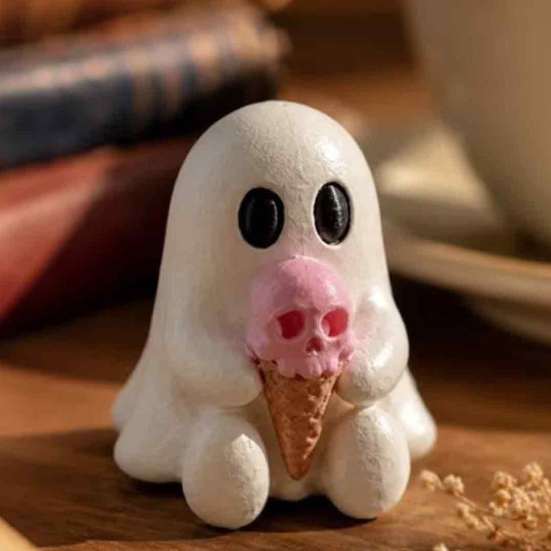 Decorative Figurine for Bookshelf Ice Cream Ghost Resin Figurine, Cute Spooky Desk Decor Miniature Statue Home, Soft Summer Halloween Ornament,