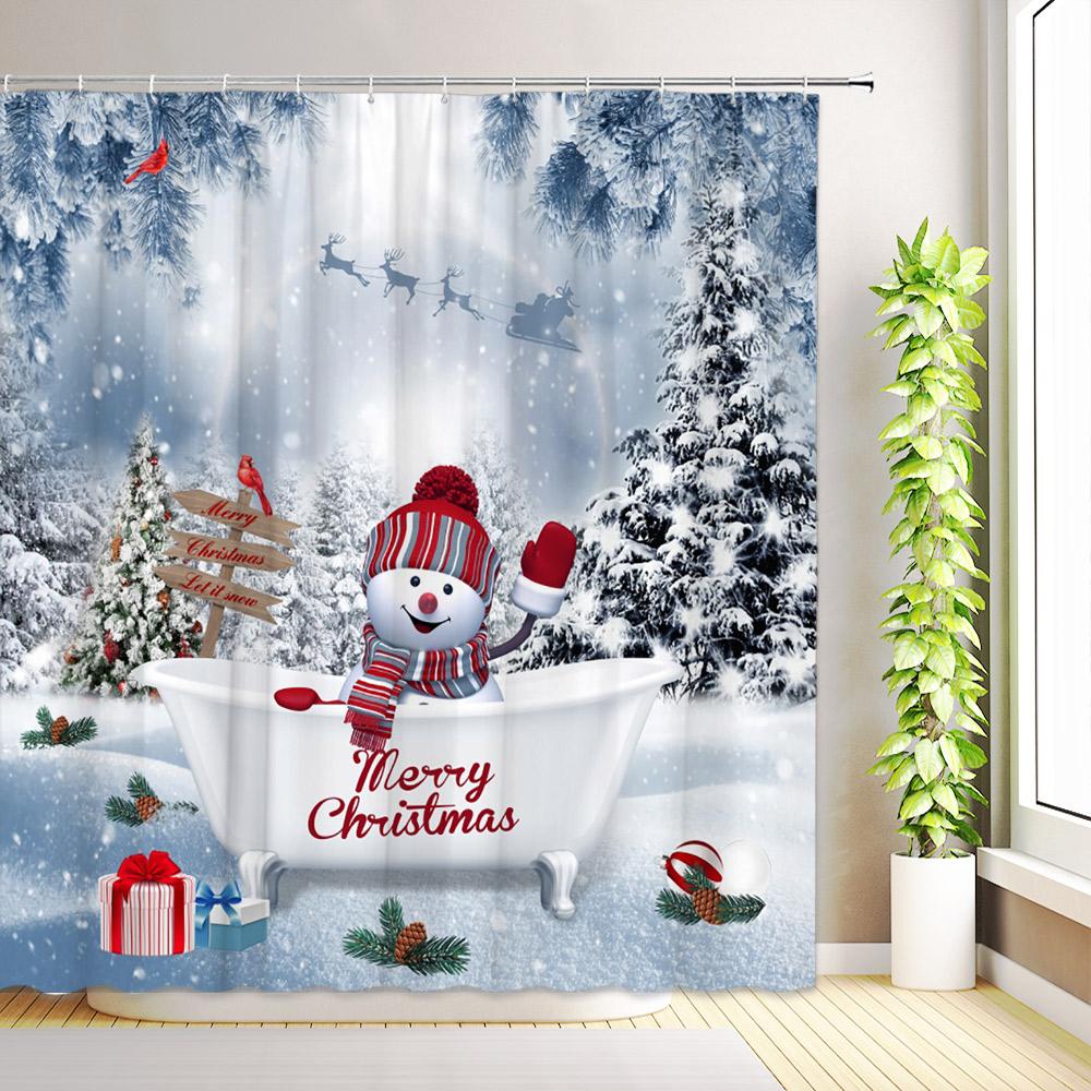 Winter Christmas Snowman Shower Curtains Snowflake Xmas Reindeer Nature Forest Snowy Scenery Farmhouse Bathroom Decor with Hooks