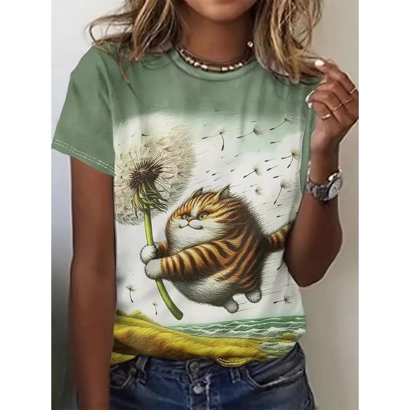 Summer Fashion Women's T-Shirt Cat Dog Animal Print Print 3D Printed Short Sleeve Tops Girl Loose Casual Loose Oversize Outdoor Clothing