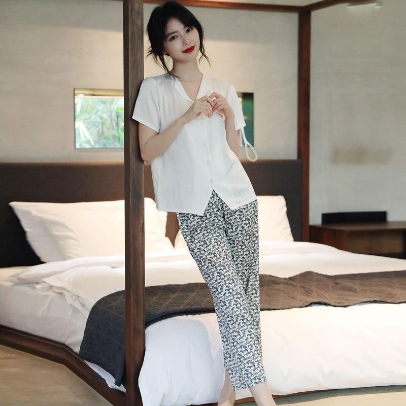 

Женская летняя повседневная пижама с леопардовым принтом, костюм с короткими рукавами, пижама из ледяного шелка XL мини-зебра черный/белый