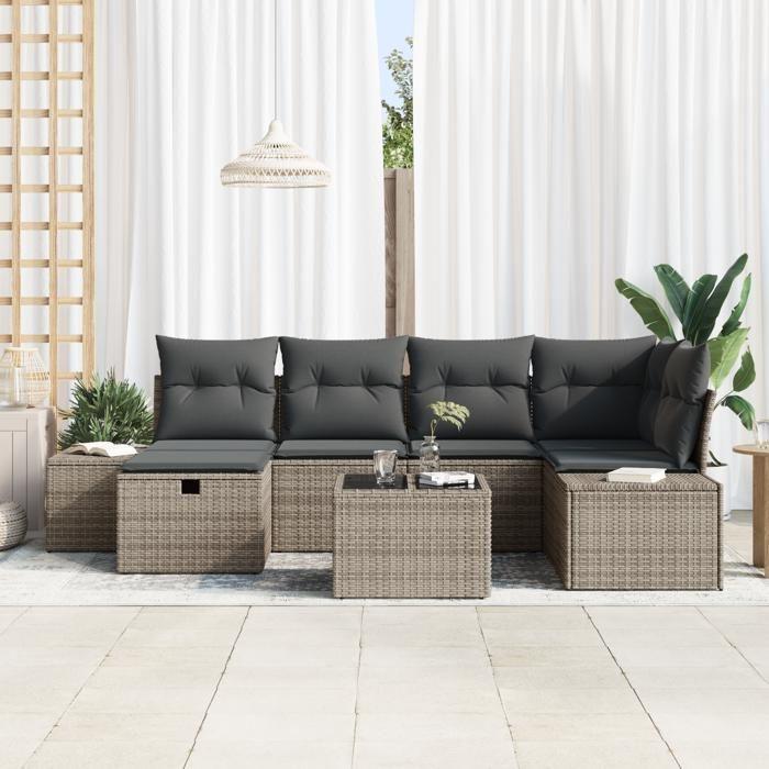 VidaXL Set de canapé de jardin 7 pièces avec coussins gris en poly rotin 3360720