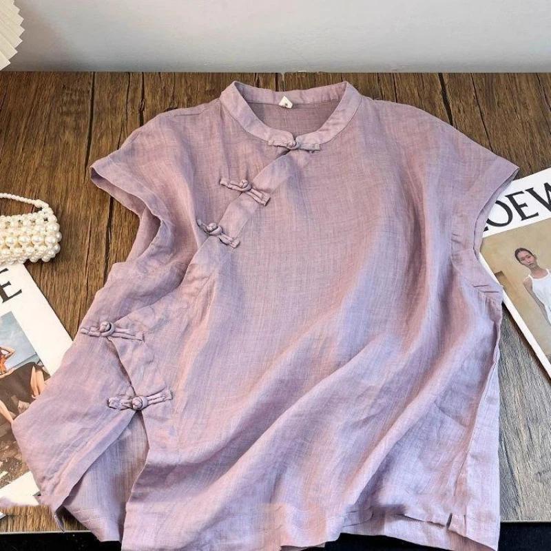 Women Light Purple Mandarin Collar Frog Button Sleeveless Linen Qipao Style Blouse M
