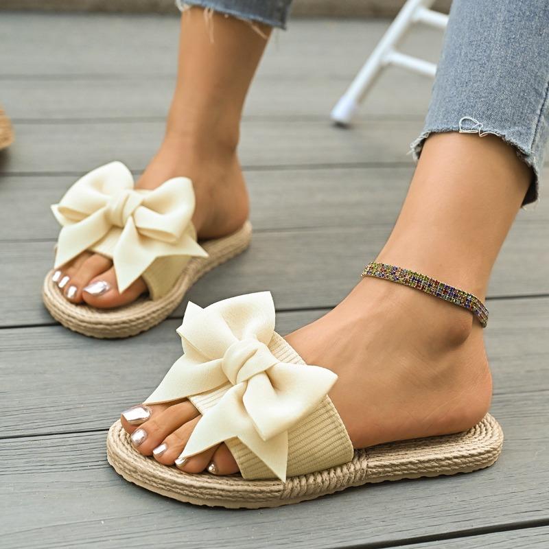 Summer New Style Round Head Fabric Butterfly Knot Soft Sole Anti-slip Wear-resistant Slippers Flat Sandals